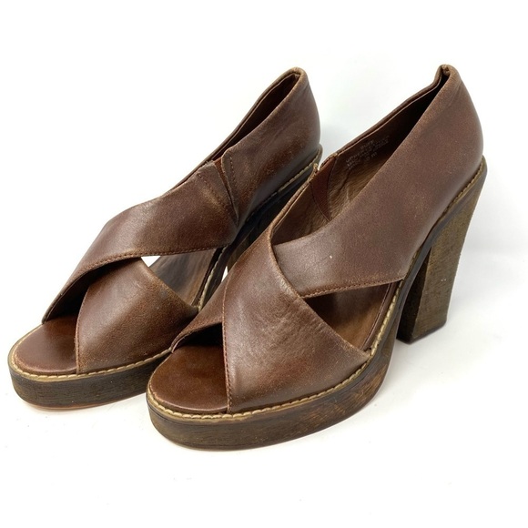 Jeffrey Campbell Buff Sandals Brown Leather Wood Block Heel 6 - Picture 1 of 7